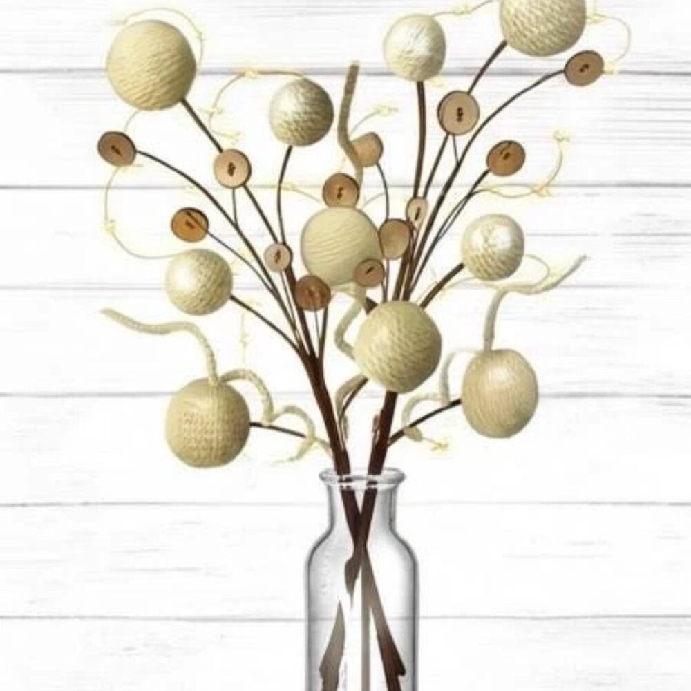 Twine Ball with Button Spray Christmas Tree Trimming Decor Holiday Wreath Accent